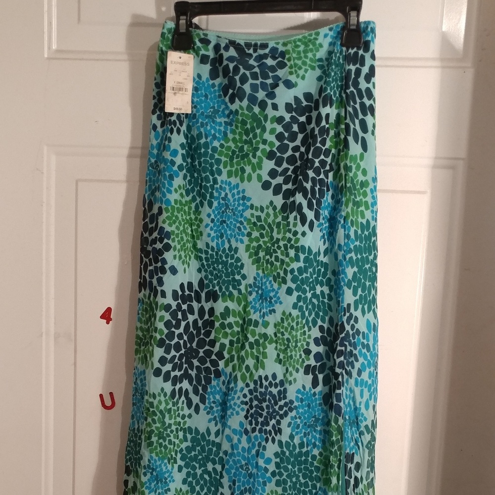 Express High Waisted Silk 2 Slit Mid Calf Skirt